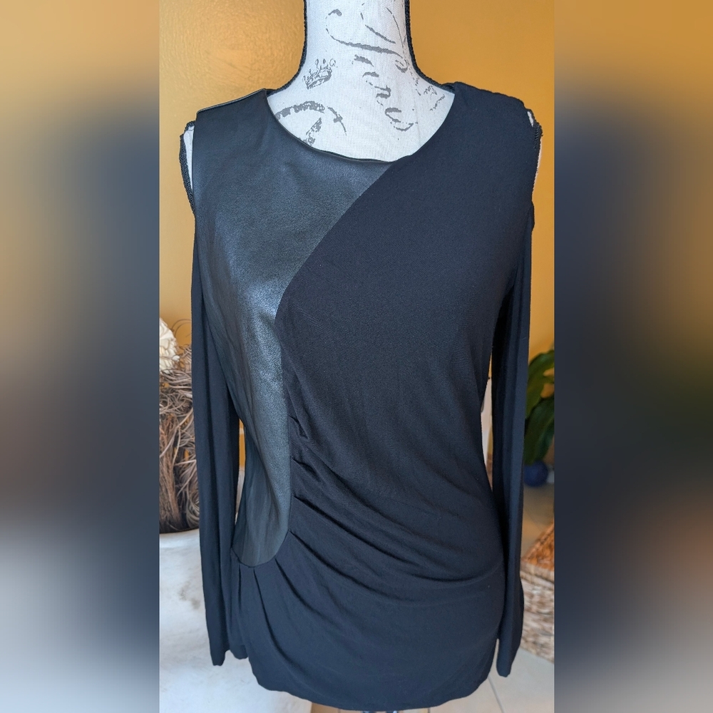 Boston Proper Black Asymmetrical Faux Leather Women's Blouse Top Large